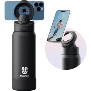 Insulated Magnetic Water Bottle - Reusable Stainless Steel Bottle with MagSafe Compatible Phone Holder - Keeps Cold for 24 Hours - Perfect for Gym, Sports, and Travel - Black 32oz