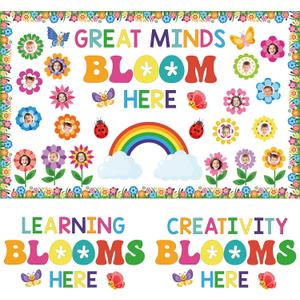 Kosiz Spring Flower Bulletin Board Decorations Set Great Minds Bloom Here Classroom Decorations Colorful Butterfly Rainbow Cloud Paper Cutouts with Floral Borders for School Chalkboard Wall Door Home