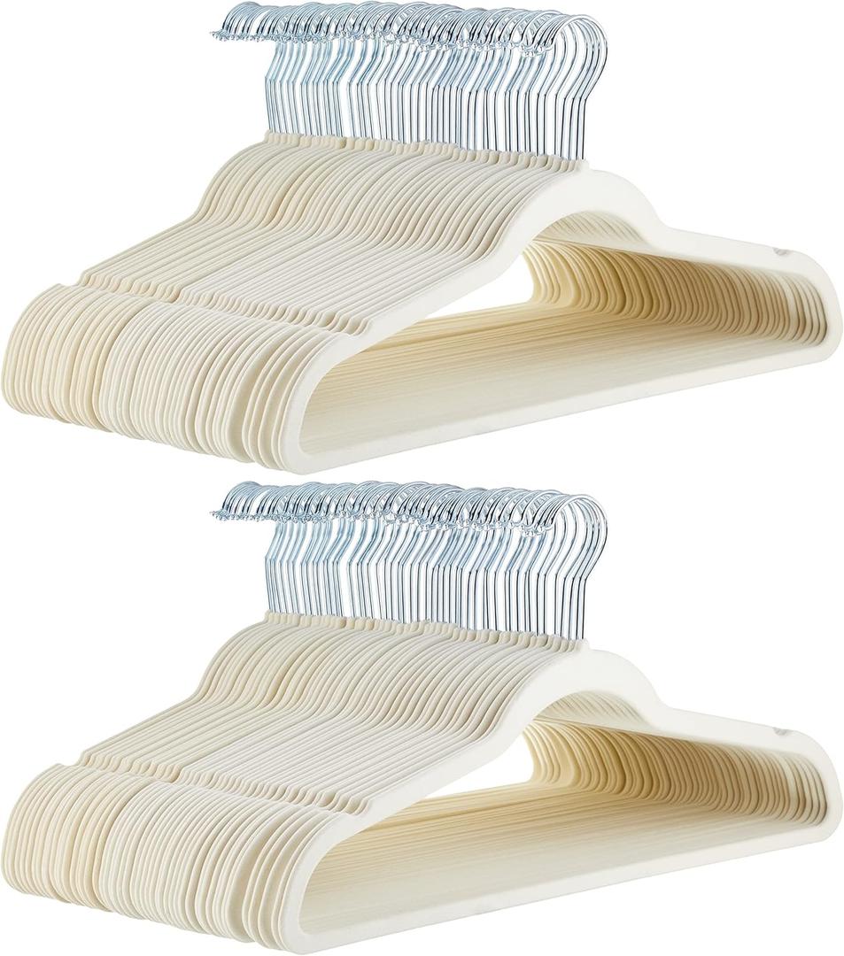 Amazon Basics Slim Velvet Non-Slip Space Saving Suit Clothes Hangers for Closet Organization, Ivory/Beige, 100-Pack