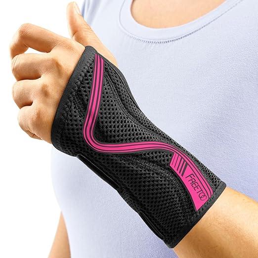 FREETOO Wrist Brace for Carpal Tunnel,[New Upgrade-Anatomically shaped] Adjustable Wrist Support Splint for Men and Women,Hand Brace for Pain Relief, Tendinitis,Arthritis,Left Hand,Medium,Black-Rose Red,S/M