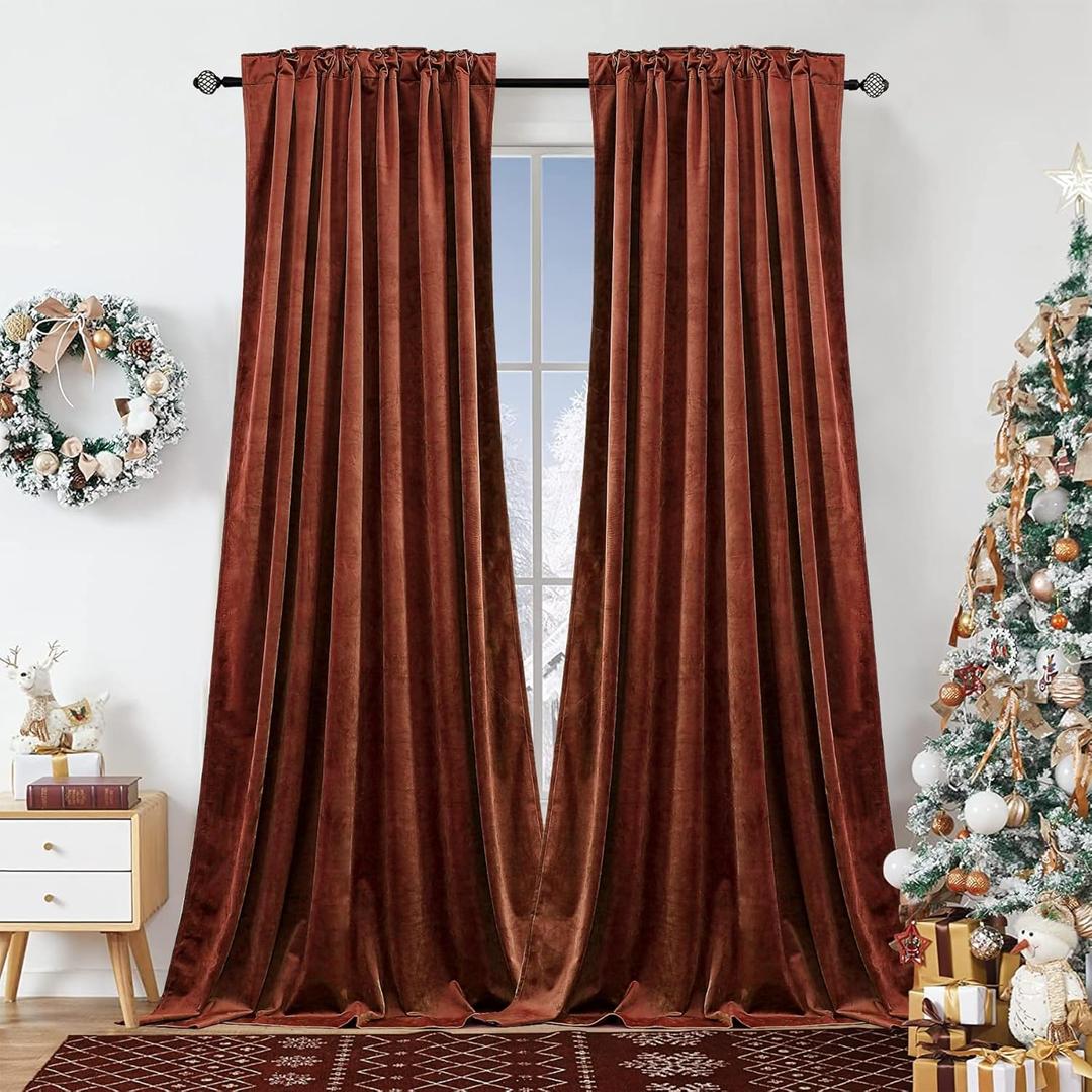 Dchola Burnt Orange Velvet Curtains for Bedroom Window, Super Soft Vintage Luxury Heavy Drapes, Room Darkening Rod Pocket Curtain for Living Room, W52 by L108 inches, 2 Panels