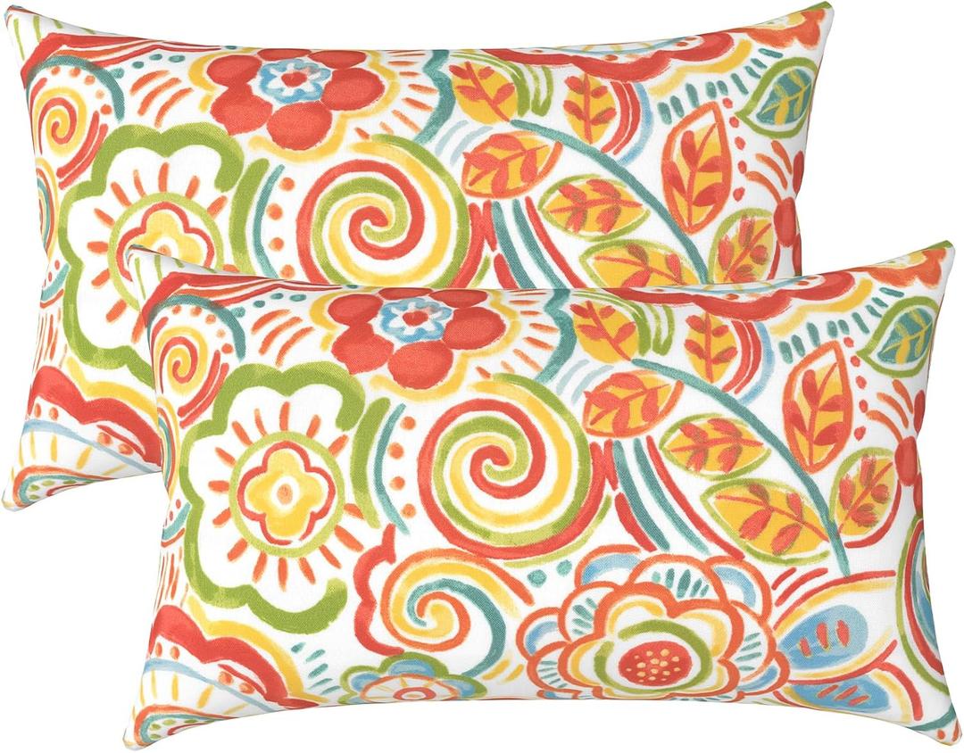 LVTXIII Outdoor/Indoor Lumbar Pillow Covers ONLY, 12 x 20 Fade-Resistant Patio Lumbar Cushion Cases Decorative Throw Pillowcase Shell for Couch Patio Garden Furniture Use - Flower Multi