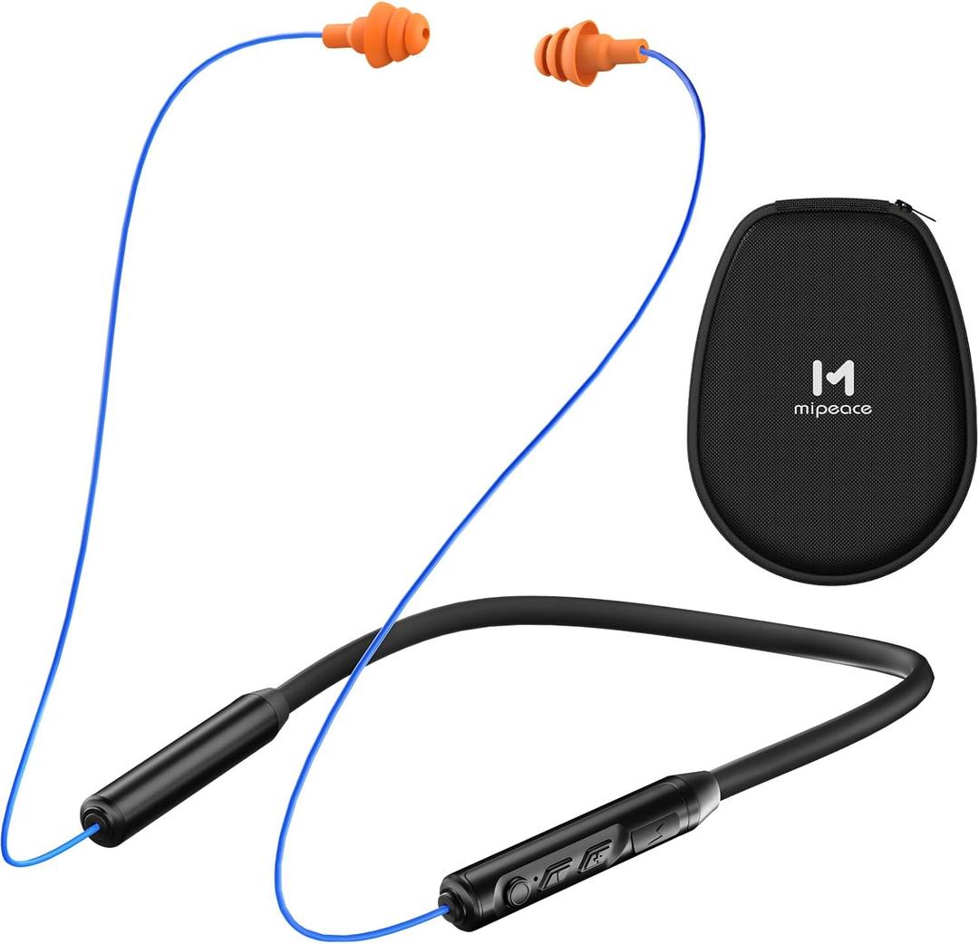 MIPEACE Bluetooth Earplug Headphones, Neckband Wireless Earbuds earplugs-29db Noise Reduction isolating in-Ear earplug Earphones and Controls,IPX6 sweatproof,20+Hour Battery (Blue Orange)