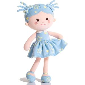 Onetoo First Baby Doll Plush Rag Doll Baby Girls Dolls Soft Baby Doll for Girls Wear Star Blue Sleeveless Dress 14"