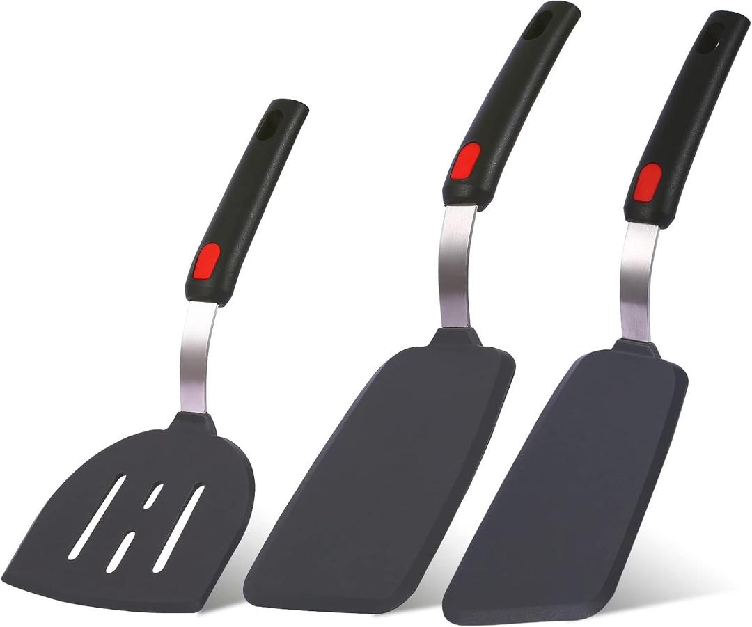 Silicone Spatula Turner Set Large And Thin Flipper Spatulas Heat Resistant 600 F Slotted Flexible Turner Cooking Utensils For Nonstick Cookware Egg,Pancake,Fish,Omelette,Hamburger (3 Pack) (Dark-Grey)