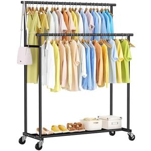 STARLATTA Double Rods Clothes Rack, Black Rolling Clothing Racks for Hanging Clothes, Metal Portable Garment Rack for Bedroom, Cloakroom, Laundry room