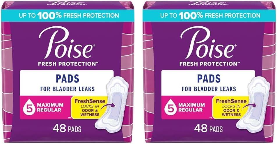 Poise Incontinence Pads, Maximum Absorbency, Regular, 48 Count (Pack of 2)