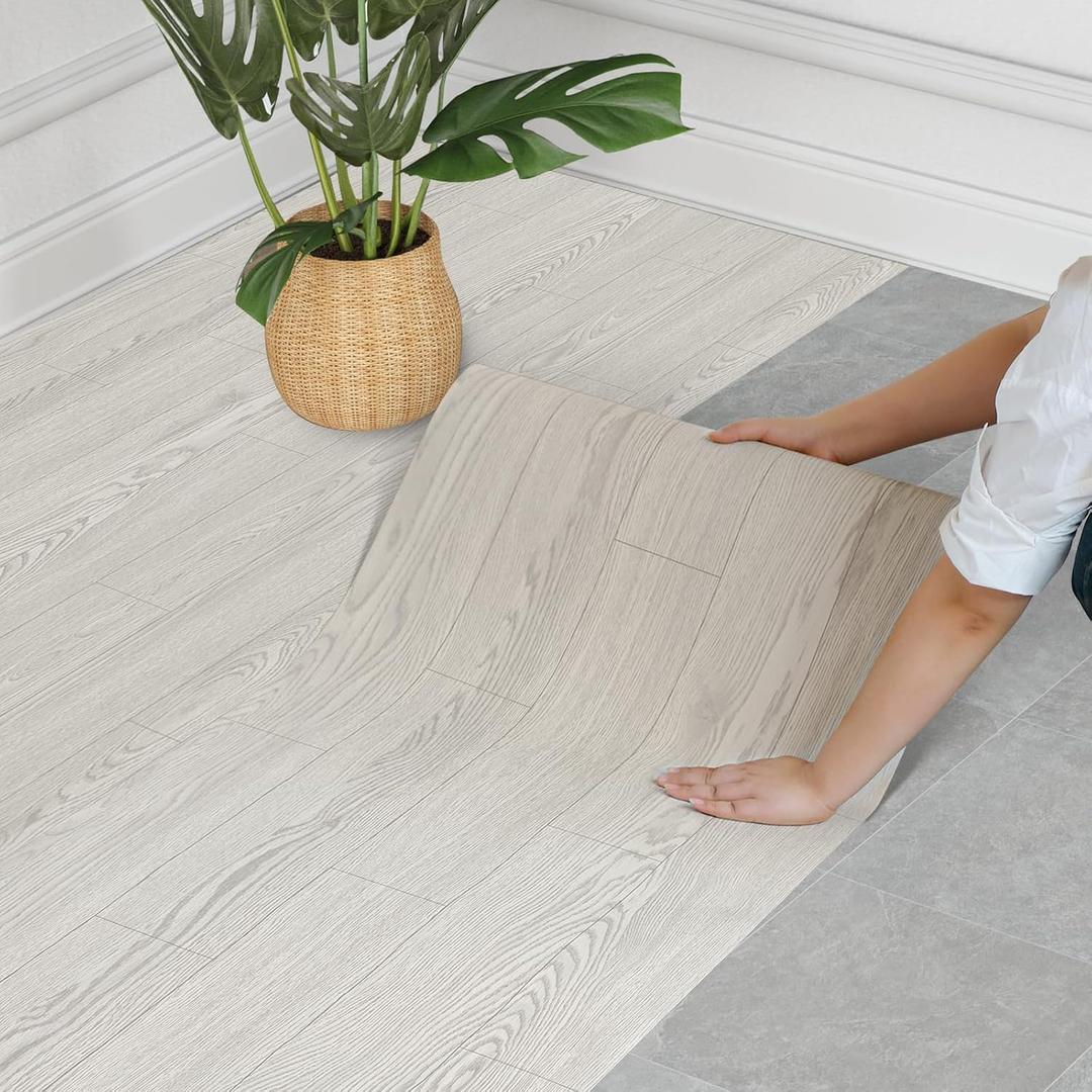 WIFEA Self Adhesive Vinyl Flooring Roll 23.6"x 196"/32 Sq.Ft Wood Grain Peel Stick Floor Tiles, Wear-Resistant and Waterproof Vinyl Plank Flooring for Bedroom Living Room Office Balcony RV White Grey