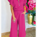 SELINK Two Piece Sets for Women Summer Outfits Ruffle Cap Sleeve Zip Top Wide Leg Pants Lounge Set Tracksuits Rose large