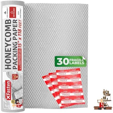 XFasten White Honeycomb Packing Paper for Moving 15-Inch x 118-Feet Bubble Honeycomb Wrap, Honeycomb Wrapping Paper for Packing Cushion with 30 Fragile Stickers Packaging Material