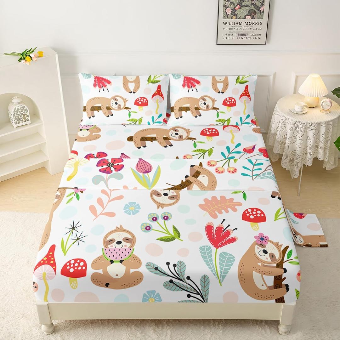 QOOMO Kawaii Sloth Print Kids Fitted Sheet Set, Cute Animal Bedding Set Twin Size for Boys Girls, Cooling Breathable Botanical Flowers Sheet Sets,1 Fitted Sheet, 1 Flat Sheet, 2 Pillow Cases