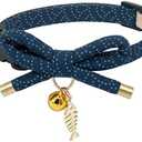PetSoKoo Cute Bowtie Cat Collar with Bell. Japanese Stylish Bowknot & Fish Charm. Safety Breakaway, Soft, Lightweight, for Girl Boy Male Female Cats Kitten,Navy Blue
