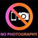 Black Self Adhesive "NO PHOTOGRAPHY" Sign - High Contrast Pink/Orange and White Icon - 120mm x 90mm Tough Plastic with Strong Adhesive Backing