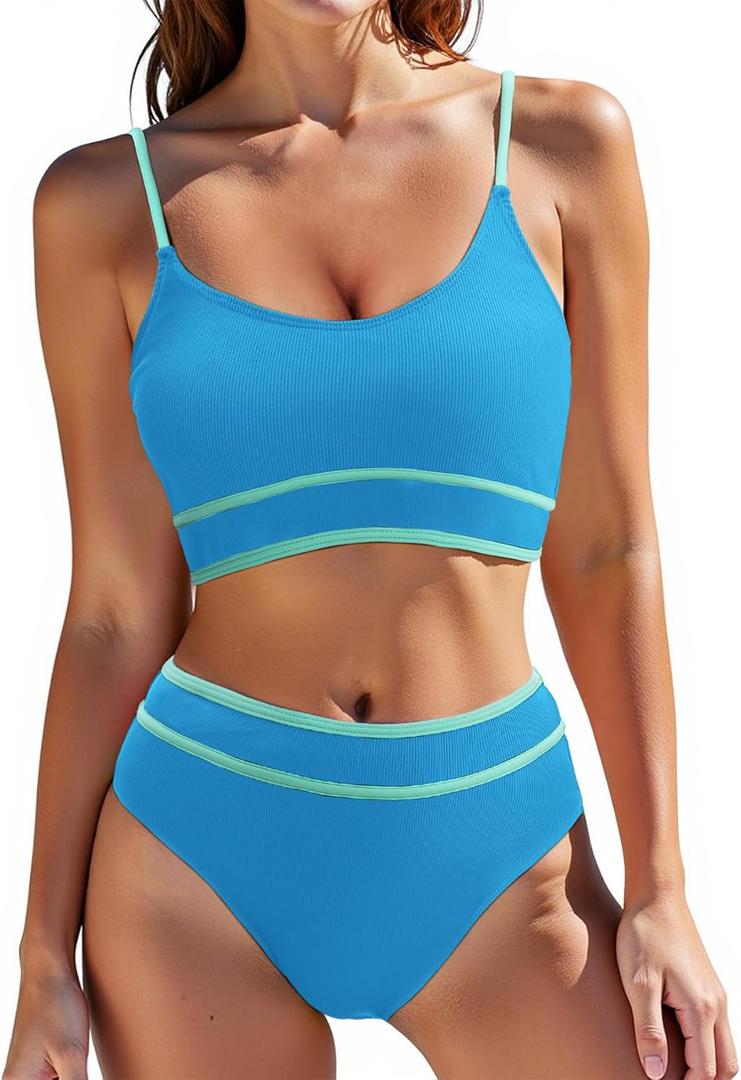 Zando High Waisted Swim Suits for Women 2025 Ribbed Swimsuit 2 Piece Color Block Sporty Bikini Sets Modest Bathing Suit (Large, Blue Green Splice)