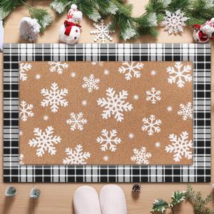 2 Pcs Winter Snowflake Double Layer Doormats, Non Slip Christmas Holiday Entry Rugs, 36'' x 24'' Fabric Welcome Mat 29'' x 17'' Coir Doormat for Front Porch Indoor Outdoor Decor (Black, White)