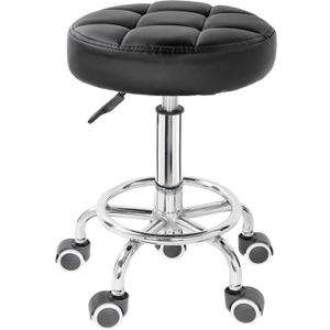 PU Leather Rolling Stool Height Adjustable Round Swivel Stools for Spa Salon Massage Work Chair with Foot Rest Black