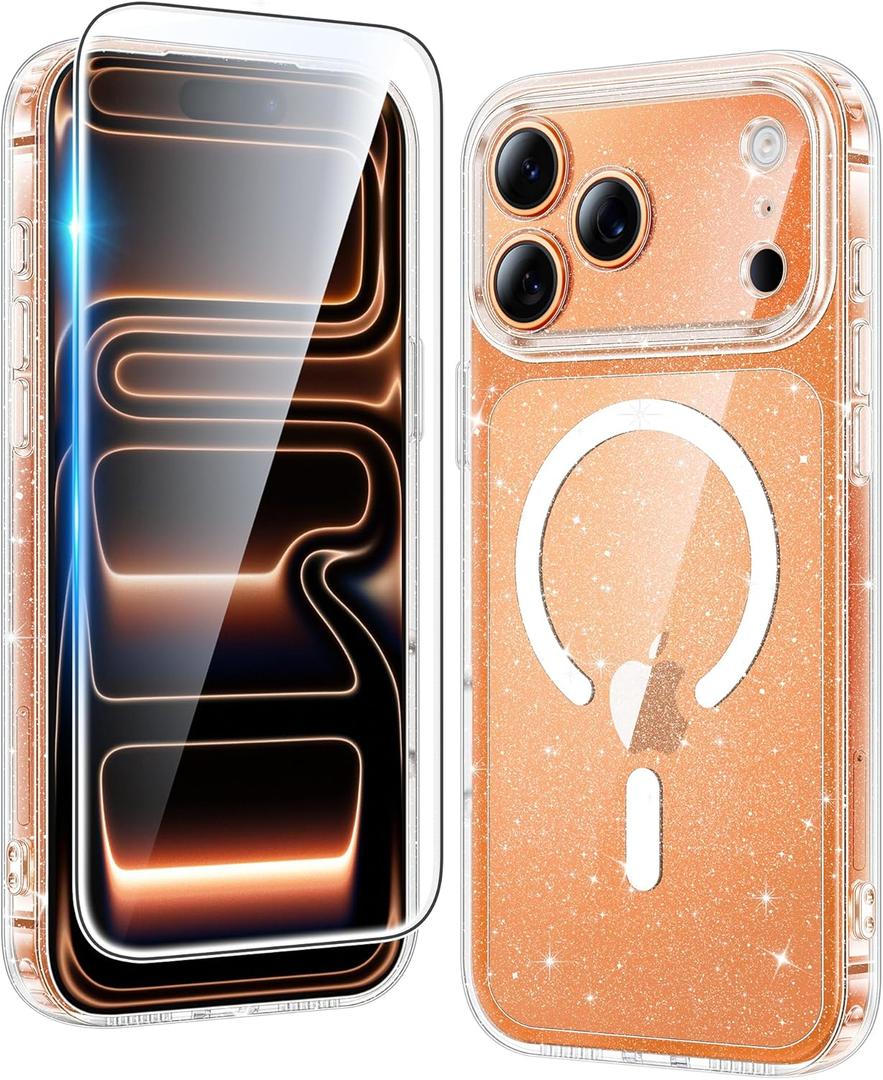 FNTCASE for iPhone 17 Pro-Max Case: Clear Magnetic Phone Cases Compatible with Magsafe Slim Anti Yellowing Military Grade Drop Protection Rugged Protective Transparent Cell Cover (B-Glitter Magnetic)