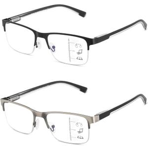 Multifocus Reading Glasses Men Bifocal No Line Progressive Multifocal Reader Blue Light Computer Frame Eyeglasses 2pk (Clear 0 Zero Top Multifocal Lens(black/Brush Gun))
