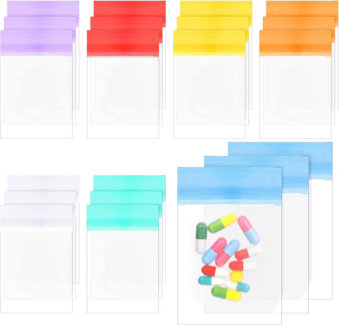 Pill Pouch Bags Pack of 21 4" x 3" Zipper Pill and Vitamin Organizer Pouches with Slide Lock for Travel Medicine Reusable Storage Pouches Bags Clear, 7 Colors for Week