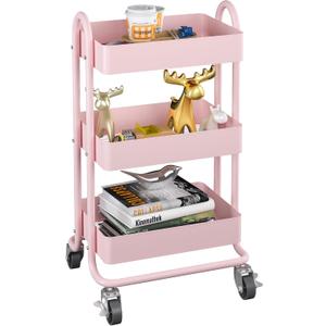 MIOCASA 3-Tier Metal Utility Rolling Cart, Heavy Duty Multifunction Cart with Lockable Casters, Easy to Assemble, Suitable for Office, Bathroom, Kitchen, Garden (Pink) (Metal&Pink)