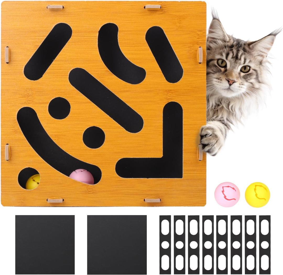 MDF Cat Nail File Enrichment Box, Scratch Puzzle with Sandpaper Surface, Stress-Free Nail Care Alternative, Interactive Maze Scratcher with Bell Ball for Indoor Cats