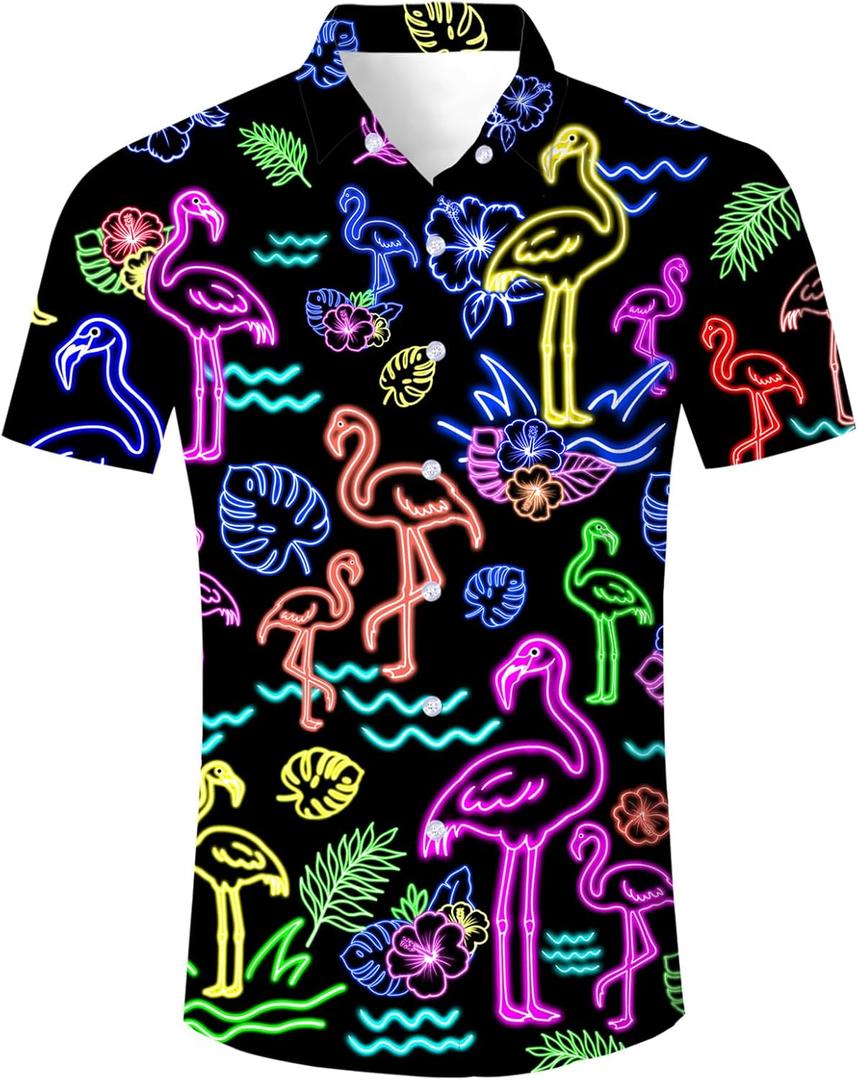 uideazone Mens Funny Hawaiian Shirts 3D Graphic Button Down Short Sleeve Tropical Holiday Beach Aloha Shirt (Large, Flamingo Hibiscus)