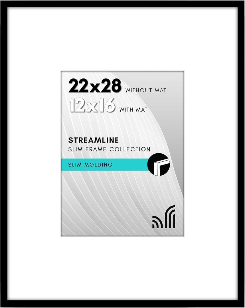 Americanflat 22x28 Poster Frame with Polished Plexiglass - Use as 12x16 Frame with Mat or Display 22x28 Photo Without Mat - Signature Collection - Thin Picture Frames for Wall Display - Black
