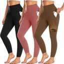 3 Pack Fleece Lined Leggings Women with Pockets -Warm Winter Yoga Pants for Women Thermal Running Workout Leggings (Large-X-Large, Black/Deep Red/Brown)