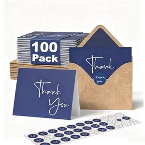 XXINMOH 100 Pack Thank You Cards With Envelopes Bulk Set & Stickers - 4x6 inch Blank Thank You Notes Bulk Box Set - Large Note Card Small Business, Wedding, Baby Shower & Bridal Shower - Navy Blue