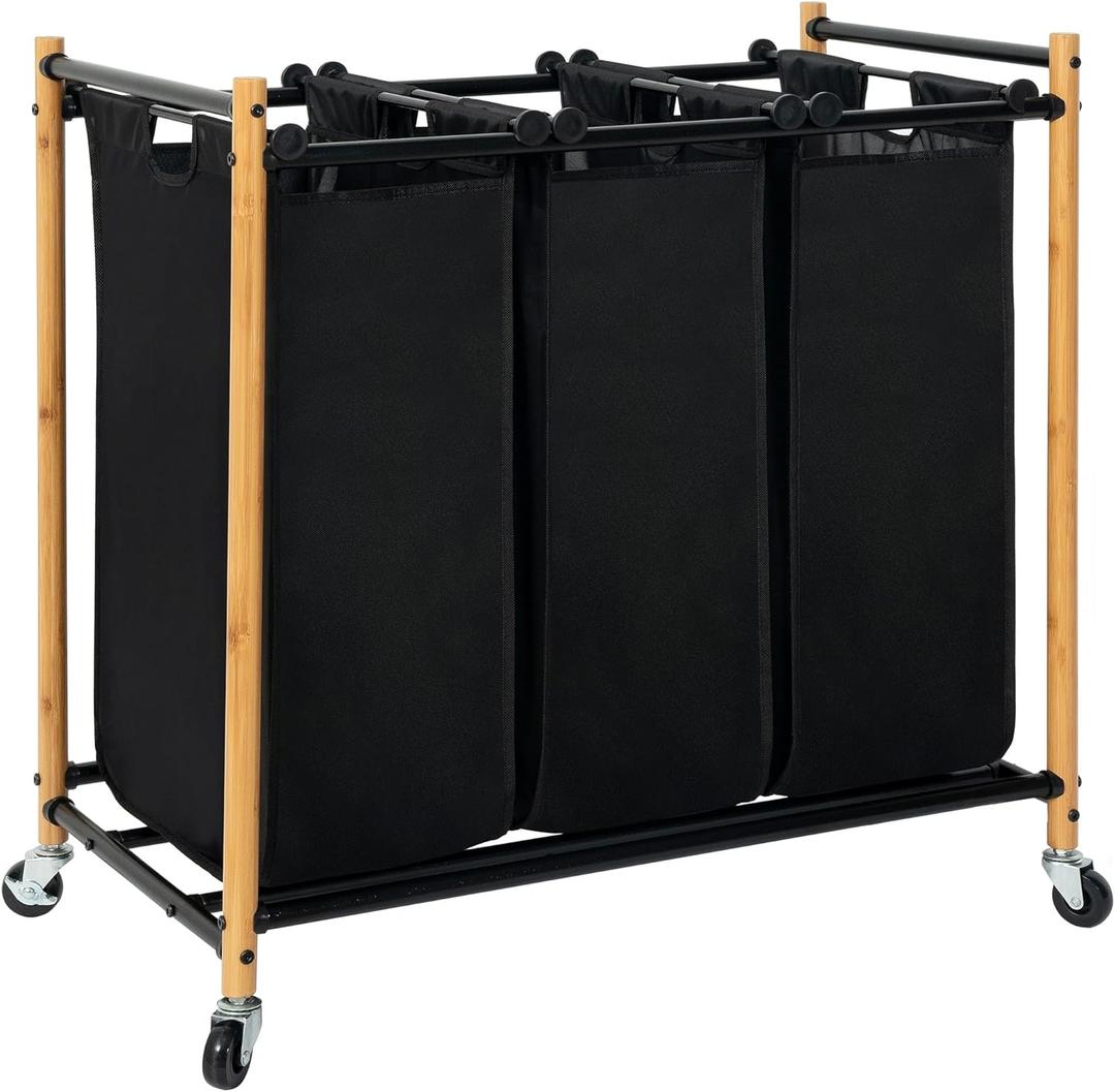 STORAGE MANIAC Laundry Sorter, Laundry Hamper with Wheels, Laundry Basket Sorter, Laundry Separator Hamper, Laundry Divider Hamper (Bamboo, 3 Section)