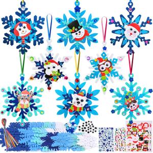 Ruicnte 24 Sets Christmas Craft Art Kits for Kids,DIY Winter Snowflake Crafts with Penguin Snowman Santa Sticker for Christmas Tree Ornaments Decoration for Home Classroom Activities Favors