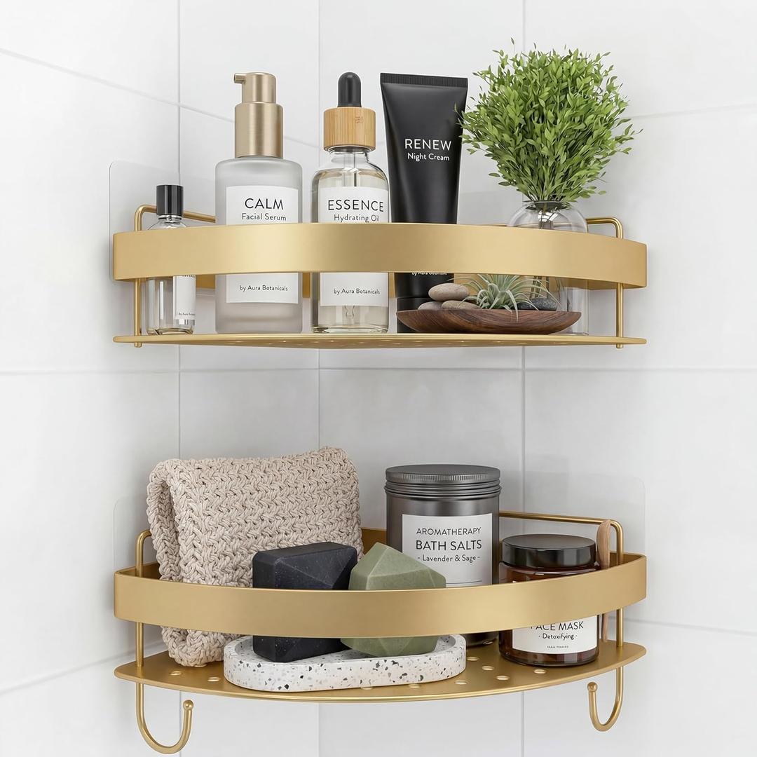 Corner Shower Canddy, 2 Pack Adhesive Gold Shower Organizers, Rustproof Stainless Steel Shower Shelves with 4 Hooks, No Drilling Shelves for Bathroom Storage & Home Decor