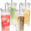 18 oz Ribbed Glass Tumbler with Straws and Lids 4 Pack Glassware Set Thickened Glass For Matcha Iced Coffee Juice Cocktails Drinking Glasses Tumbler