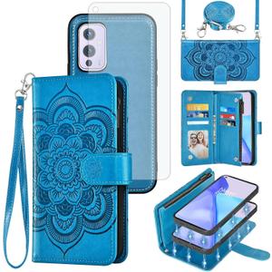 Asuwish Phone Case for OnePlus 9 OnePlus9 5G Zipper Wallet Magnetic Cell Cover with Tempered Glass Screen Protector Strap Flower Card Holder One Plus9 On 1 Plus 1plus One+ 1+ 1+9 Nine Women Girls Blue