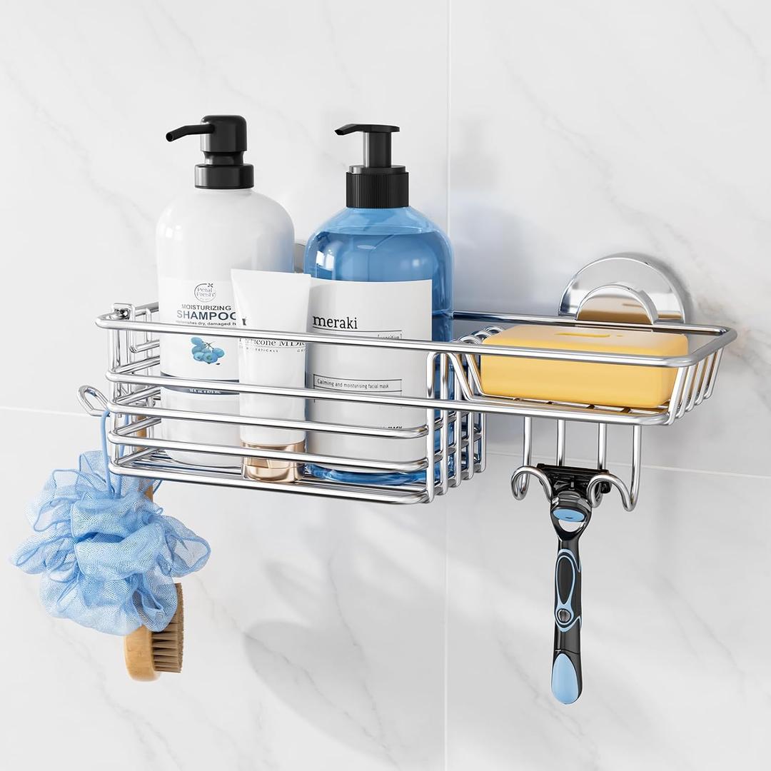 TAILI Shower Caddy Suction Cup with Hooks & Soap Holder, Heavy Duty Bathroom Shower Organizers, Removable Shower Shelves for Inside Bathroom,Stainless Steel Silver Basket