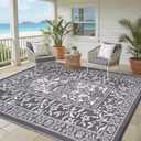 Garvee Outdoor Rug 8x10, Waterproof Reversible Foldable Plastic Straw Rug, Botanical cottagecore Outdoor Rugs Patio Camping RV Carpet for Deck Camper Porch Balcony Backyard Picnic Beach Grey