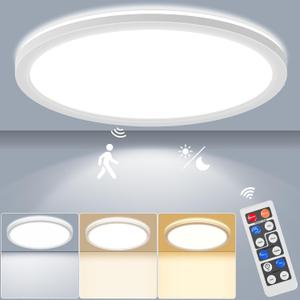 24W Motion Sensor LED Ceiling Light Wired, 2400lm 12Inch 2700K/4000K/6500K IP54 Flush Mount Lighting Fixture with Remote, Radar Motion Activated Ceiling Lamp for Hallway Laundry Porch Stair Closet
