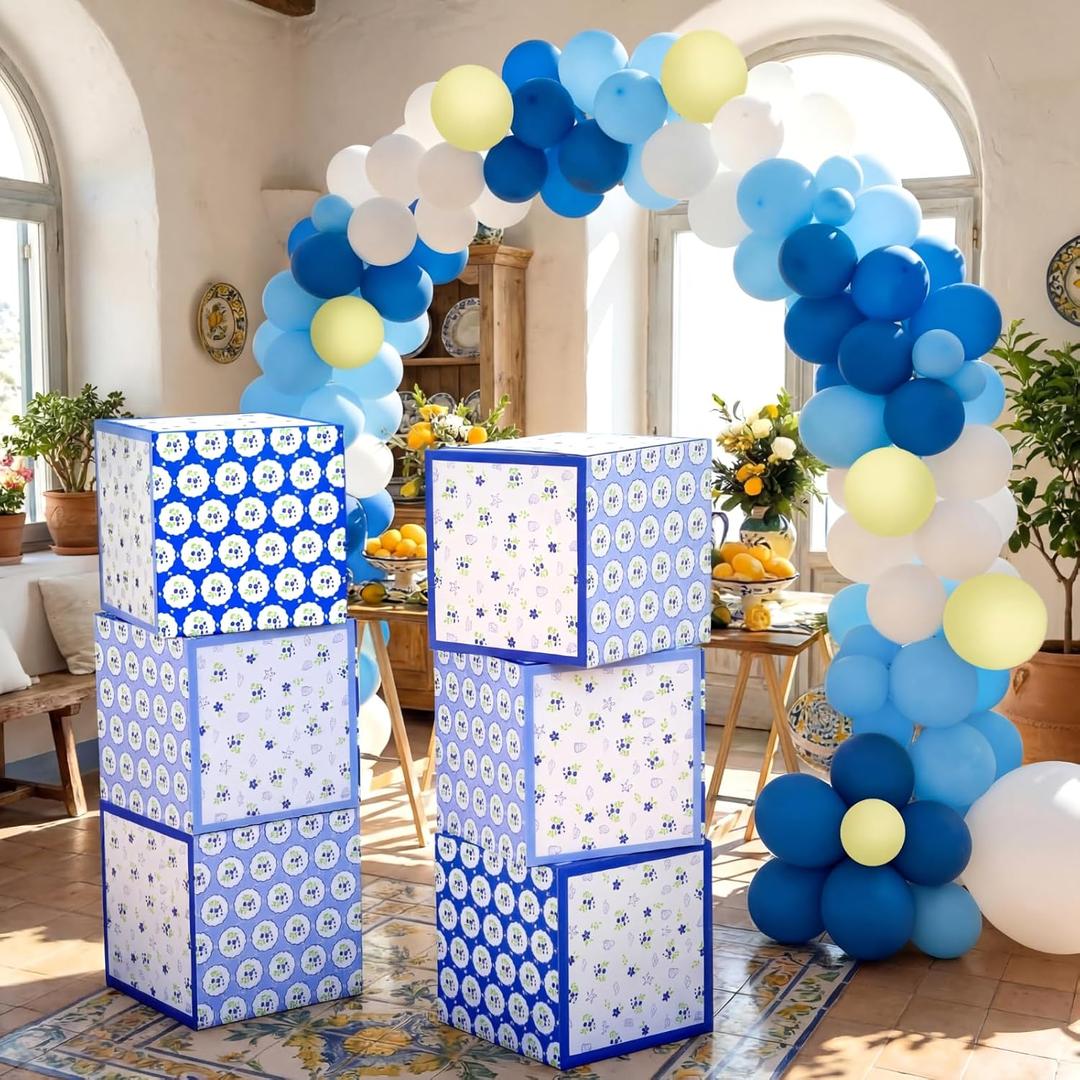 Qunclay 6 Pcs Amalfi Coast Party Decorations Boxes 12 Inch Coastal Cardstock Blocks Blue and Yellow Props Boxes Capri Lemon Backdrop Bowl Party Decor for Birthday Baby Shower Wedding Supplies
