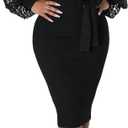 Black Church Dresses for Women Pencil Work Dresses Lace Batwing Sleeve V Neck Bodycon Dress Elegant Cocktail Party Black XL
