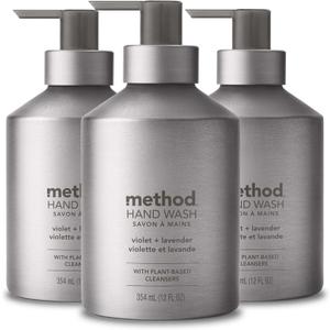 Method Gel Hand Soap, Violet + Lavender, Reusable Silver Aluminum Bottle, Biodegradable Formula, 12 oz (Pack of 3)
