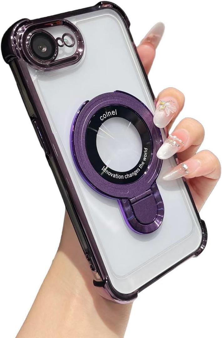 Lmuwecno Clear case for Phone 16E with Full Camera Lens Protection(Compatible with Mag-Safe), Military Shockproof Electroplate Bumper Slim Cover Built-in Invisible Ring Stand-Purple