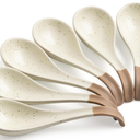 LYEOBOH 6 Pieces Asian Soup Spoons, Japanese Kitchen Soup Spoon Set, Dinner Tablespoons with Long Handle for Cereal, Ramen, Ice Cream, Dishwasher & Microwave Safe, Rustic Decor, White and Brown