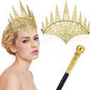 Hicarer 2 Pcs Women Queen Crown Set Royal Die Cut Glitter Crown Cane Witch Costume Accessory for Halloween Party (Gold)