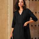Lafural Womens V Neck Cotton Casual Loose Shift Tunic Smock Summer Dresses Vacation Dress 3/4 Sleeve Pocket (XXL)