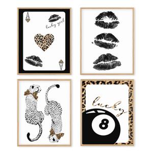 Boat Wades Black and White Leopard Wall Art Prints Set of 4, Cheetah Print Room Decor, Retro Leopard Poker Lips Lucky 8 Ball Posters Pictures Wall Decor for Girls Bedroom Apartment, 8x10 Unframed