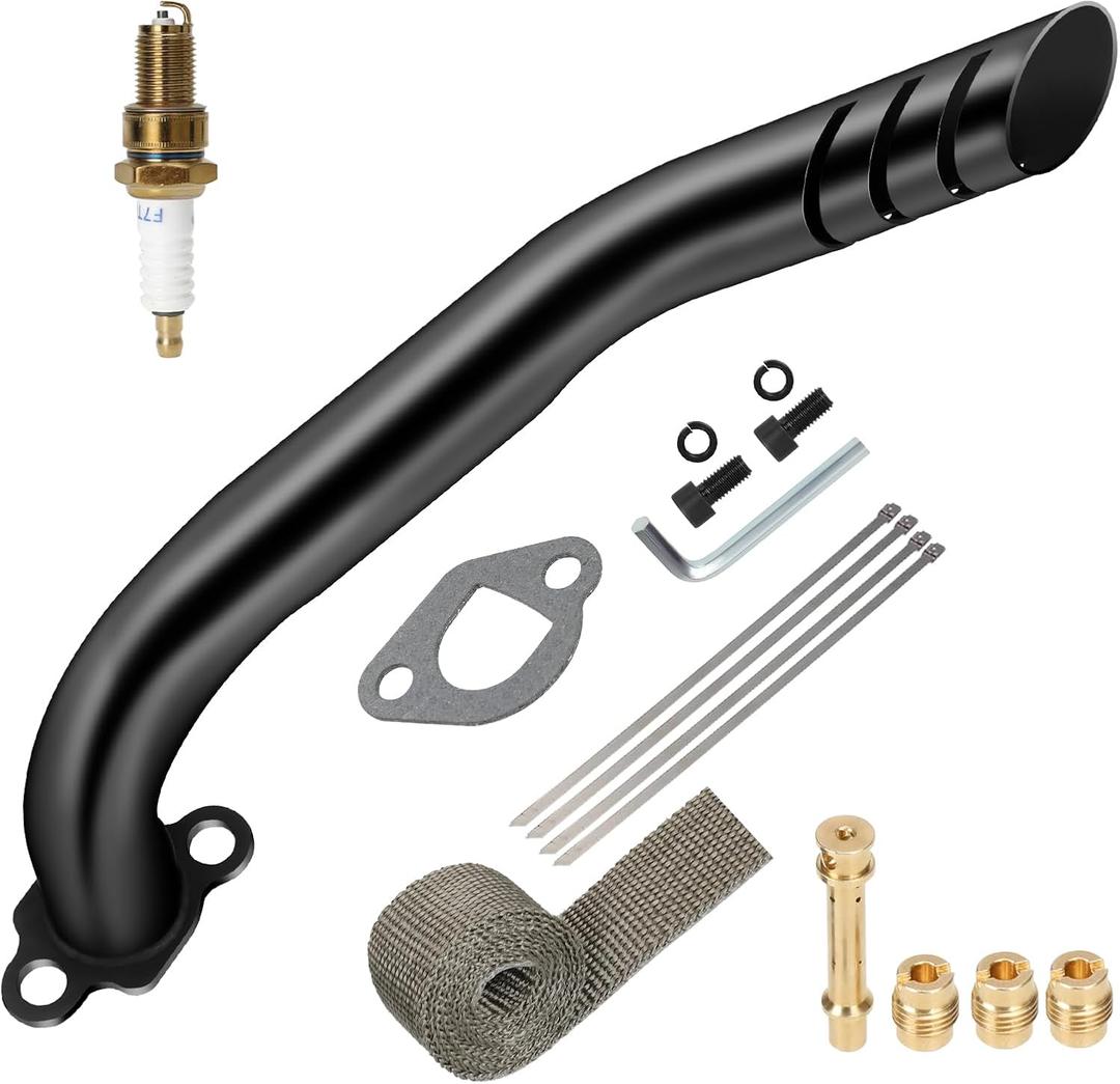 HIAORS Racing Exhaust Pipe Muffler Main Jet Kit for Predator 212cc 196cc 224cc 6.5hp Coleman CT200U BT200X CT200UEX Mini Bike KT196 Go Kart Baja Warrior MB165 MB200 Performance Parts with Heat Shield