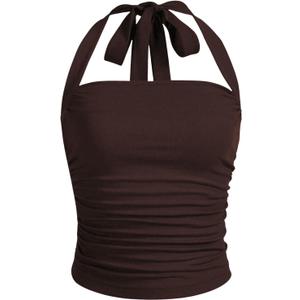 SOLY HUX Women's Ruched Halter Y2K Crop Tops Tie Back Sleeveless Slim Fit Cami Tops Coffee Brown X-Small