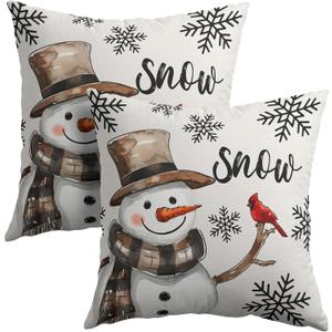 Snowman Throw Pillow Cover Christmas Pillowcase 18x18 Inch Set of 2 Snowflake and Red Cardinal Bird Decorative Cushion Cover Winter Holiday Pillow Protector for Home Sofa Bedroom Decor