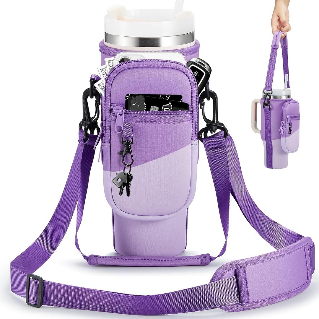 BULKITEM Water Bottle Carrier Bag with Phone Pocket for Stanley 40 & 30 oz Tumbler with Handle,Pink Insulated Neoprene Cup Holder Pouch w/Adjustable Strap for Quencher H2.0 Stanley Cup Accessories (Gradient Purple)