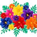 Geyee 12 Pcs 10" 20" Giant Mexican Fiesta Paper Flowers and 16 Pcs Leaves, Large Colorful Tissue Crepe Flowers Pom Poms Craft for Floral Backdrop Day of The Dead Birthday Party Decor(Elegant Color)